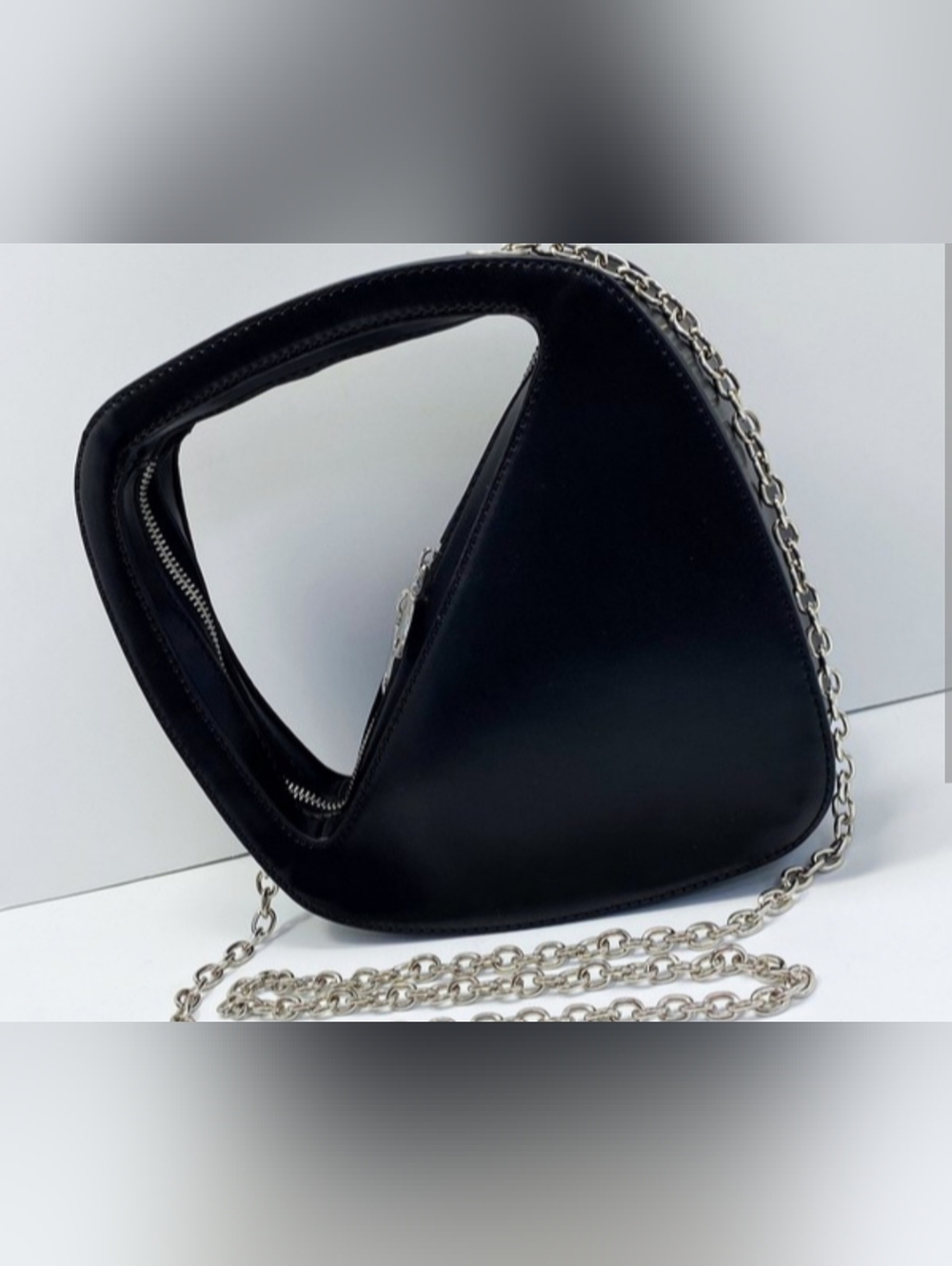 Black Women’s Triangle Shoulder Bag with Silver Chain